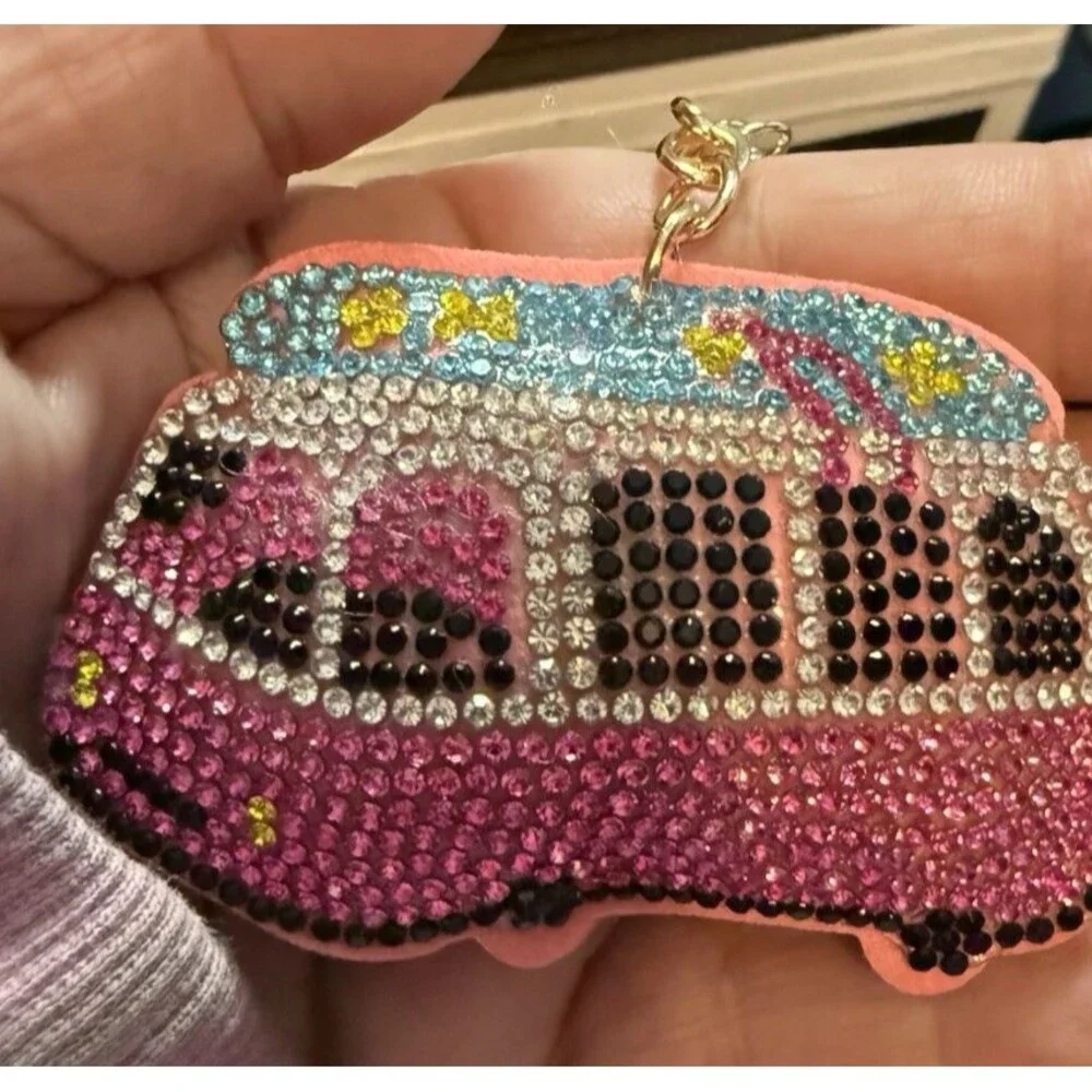 Peace Hippie Van Crystal Bag Charm Rainbow Bling Keychain Tassel NIP